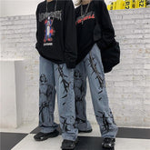 Blaue Grunge Ästhetische Gravur Dornen Print Lose Jeans